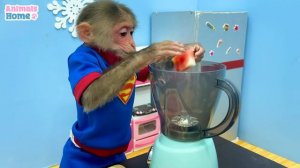 BiBi takes baby monkey Obi to harvest fruit and make juice