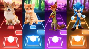 Мультик для детей. Баттл: Корги, Кот, Зверополис, Соник. Tiles Hop