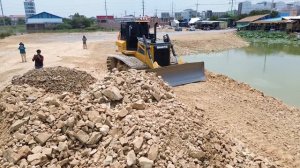 Part9 Interesting! SHANTUI DOZER Pushing Stone Into Water With Dump Trucks 10 Wheel Transport Stone