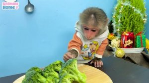 Naughty BiBi helps dad make a fruit Christmas tree