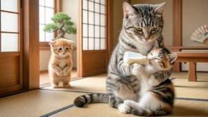 Рыжий котёнок подумал, что папа-кот больше его не любит…