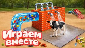 МУЛЬТИКИ ПРО МАШИНКИ ИГРУШКИ И СУПЕРГЕРОЕВ ДЛЯ ДЕТЕЙ 🚜 ИГРАЕМ В СТРОЙКУ НА ФЕРМЕ С КОРОВАМИ №2