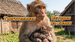 Обезьяна спасает котенка