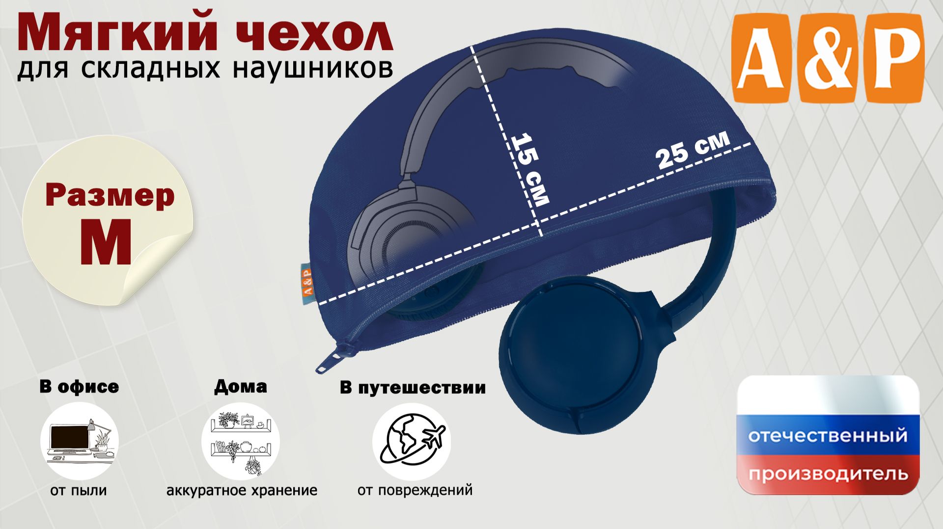 Мягкий чехол для складных наушников. Цвет: синий. Размер М. Промо-ролик.