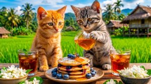 Мои Котята на завтрак приготовили Блины с Черникой — пальчики оближешь и лапки причмокнешь! 🐱🥞🫐