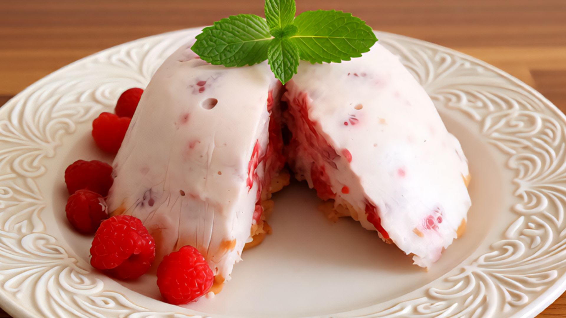 Торт без выпечки с творогом и малиной.