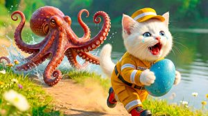 МАМА КОШКА И КОТЯТА СПАСАЮТСЯ ОТ ОСЬМИНОГА!!! Анимация