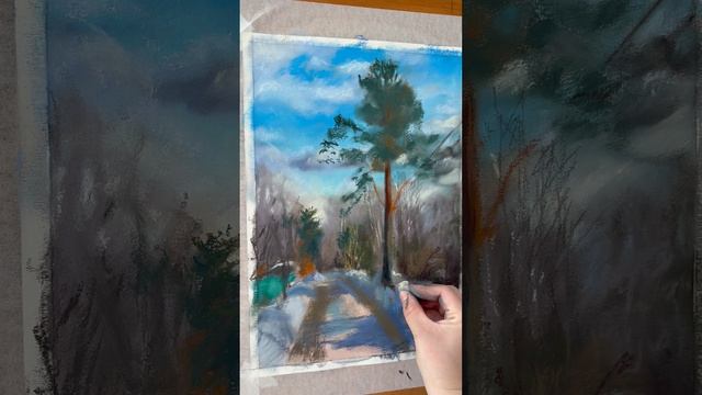 Процесс рисования зимнего пейзажа сухой пастелью смотреть онлайн