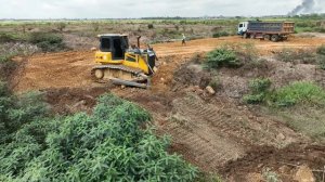 Expert Operating Of SHANTUI Dozer Pushing Stone Building New Foundation Road & Dump Truck Spreading