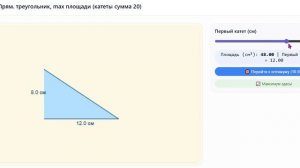 Прям. треугольник, max площади (катеты сумма 20)