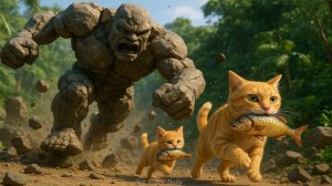 МАМА КОШКА И  КОТЕНОК БЕГУТ ОТ КАМЕННОГО ГИГАНТА !!! АНИМАЦИЯ