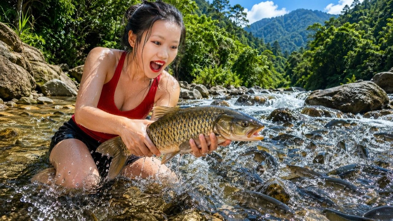 Ловим рыбу в диком горном ручье. На большую сеть.  | Ли Тиеу Ким Куонг.