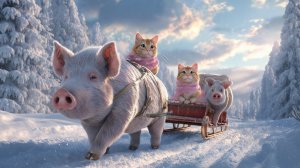 Мультики для детей. Волшебное снежное путешествие: Кошка-мама и котёнок едут на санях с поросятами