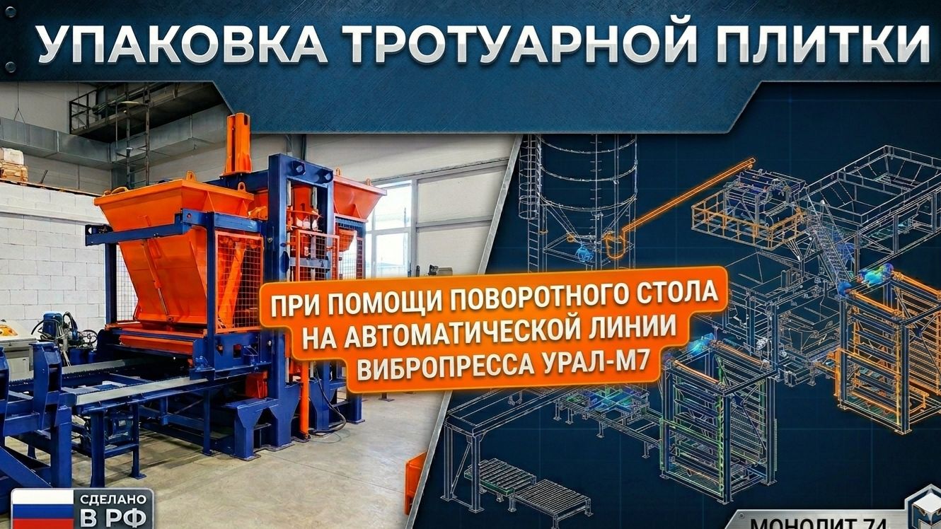 Упаковка тротуарной плитки при помощи поворотного стола на автоматической линии вибропресса Урал-М7