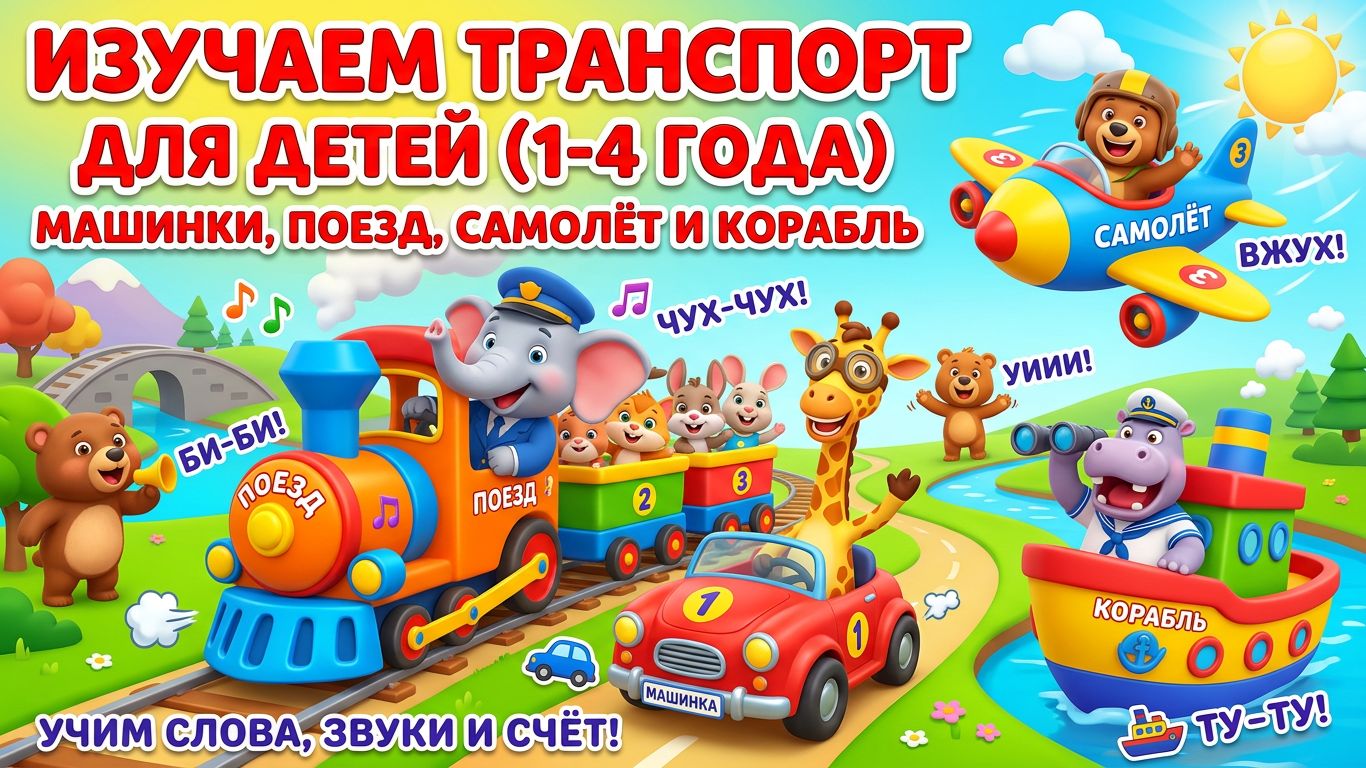 Изучаем транспорт для детей: машинки, поезд, самолёт и корабль — учим слова, звуки и счёт (1–4 года)
