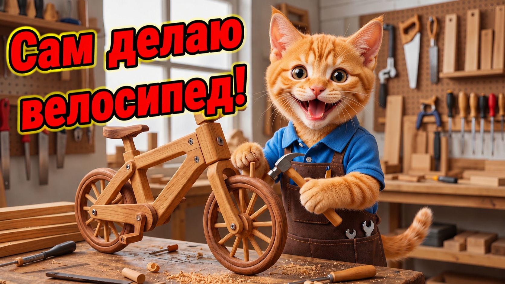 Котенок учится столярному мастерству и сам ремонтирует сломанный велосипед! Мультик для детей