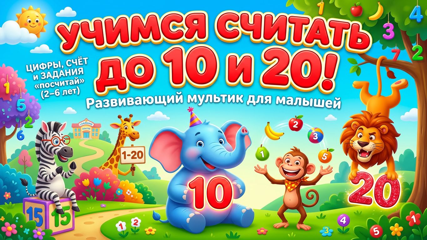 Учимся считать до 10 и 20: развивающий мультик для малышей — цифры, счёт и задания «посчитай»
