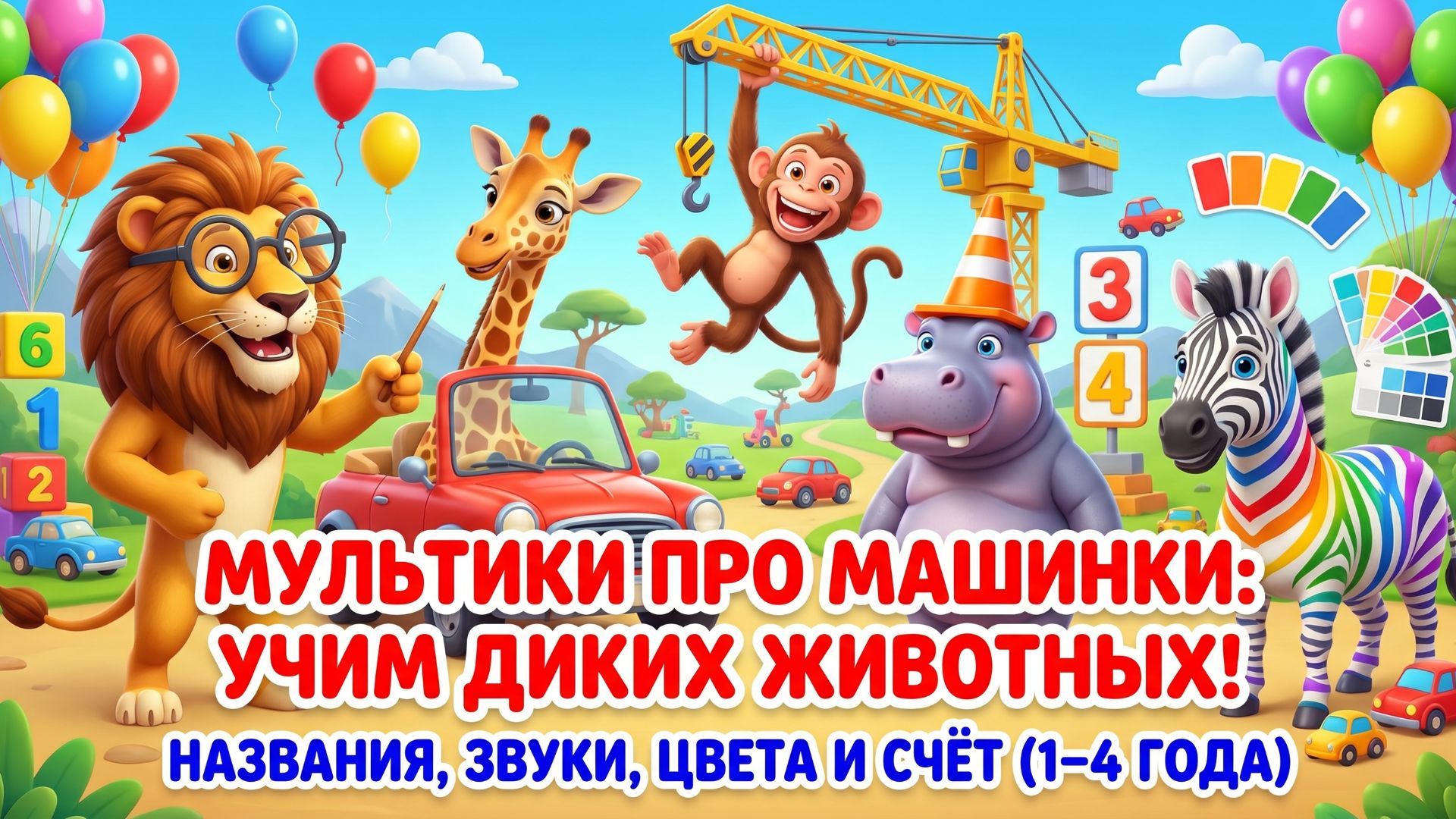 Мультики про машинки: учим диких животных — названия, звуки, цвета и счёт (1–4 года)