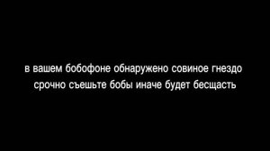 В ВАШЕМ БОБОФОНЕ ОБНАРУЖЕНО СОВИНОЕ ГНЕЗДО СРОЧНО СЪЕШЬТЕ БОБЫ ИНАЧЕ БУДЕТ БЕСЩАСТЬ