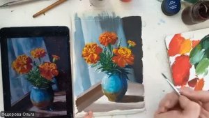 Гуашь. Букет с бархотцами