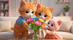 Бедный котёнок делает своими руками бумажный цветок в подарок маме на день рождения