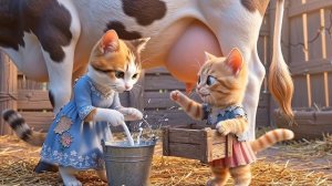 Мама-кошка и котёнок строят ферму для коров