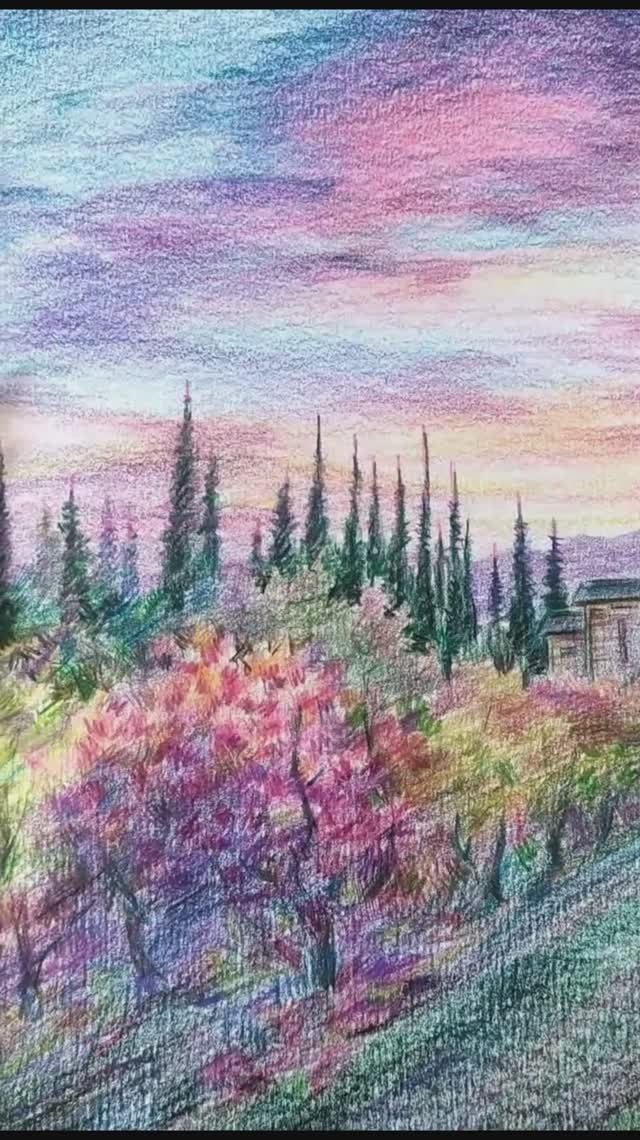 Рисунок цветными карандашами. Пейзаж. Закат