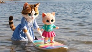 Мама-кошка учит котёнка кататься на волнах на пляже | Милая анимированная история от ИИ