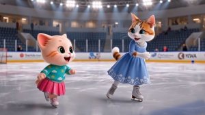Мама-кошка и котёнок исполняют красивое фигурное катание | Милая анимация от ИИ