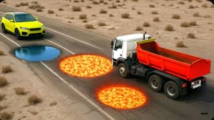 Автомобили против смертельной лавовой ловушки и водяной ямы в игре BeamNG Drive!
