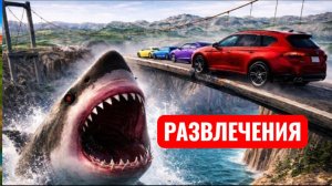 От маленьких до гигантских автомобилей против гигантской акулы. Развлечения.