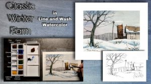 📹 Line and Wash Watercolor of a winter farm with shadows. Peter Sheeler, sheelerart