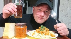 мукбанг/обжорыч/Макароны с фаршем и баклажаны по гречески/
