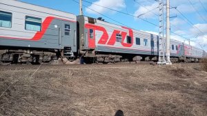 Пассажирский поезд ЭП1м Смоленск-Мурманск проезжает мимо