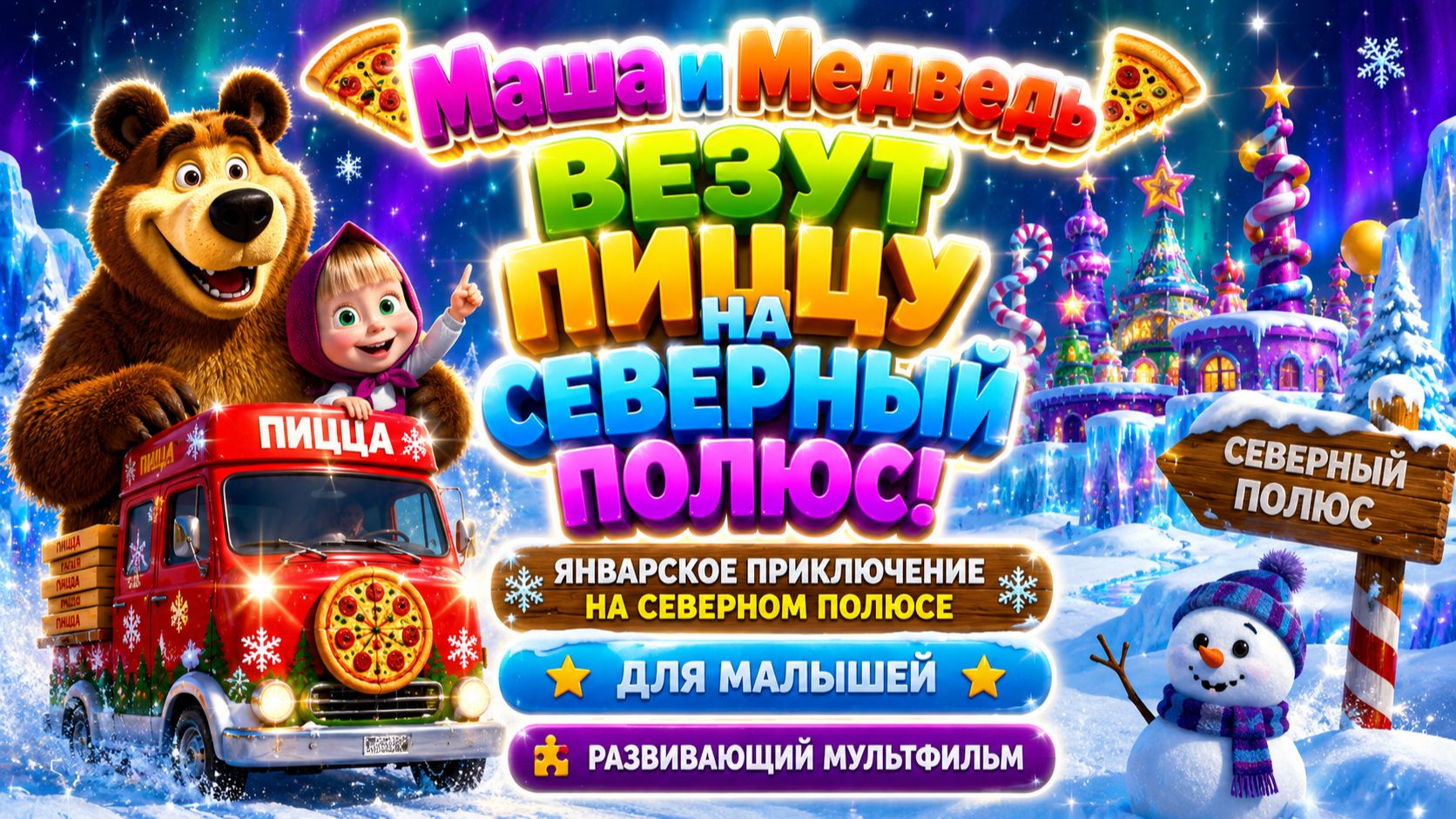 Маша и Медведь везут пиццу на Северный полюс! 🍕❄️ Январское приключение ✨на Северном полюсе