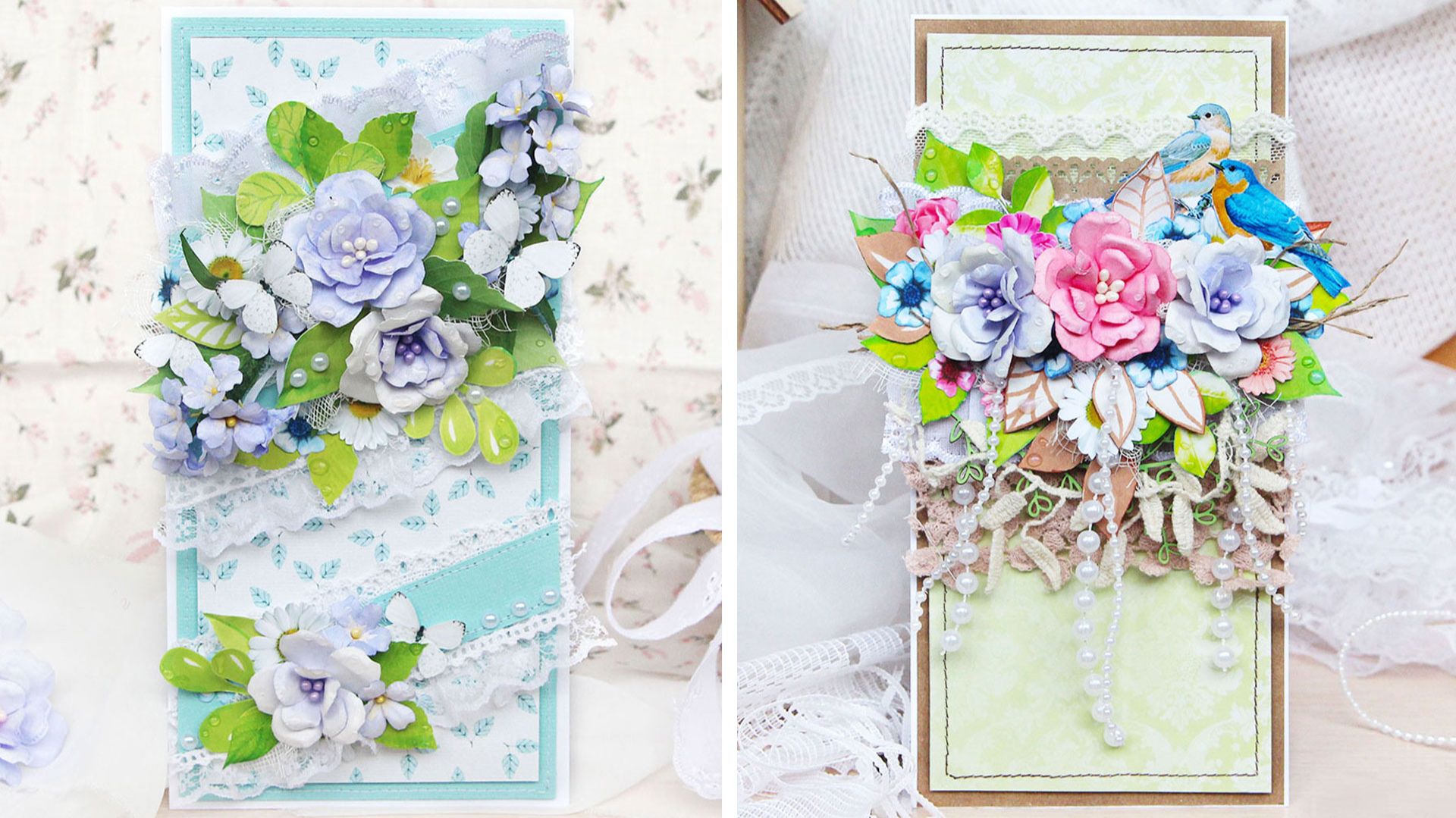 ДВЕ ИДЕИ красивых открыток с цветами и кружевом 🌸 Бумажные открытки своими руками. Скрапбукинг