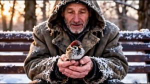 Бомж Василий согрел замёрзшего воробья и выпустил на волю!