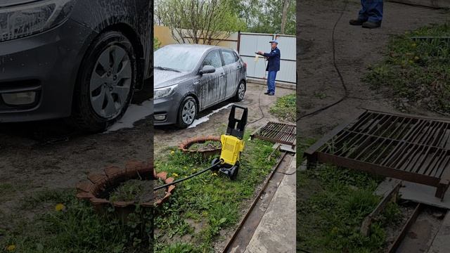 Пробуем мыть машину  с пеной, нужно  приспособиться)