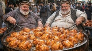 Дешевая уличная еда на дорогах Афганистана. Жареная печень. Карри из говядины