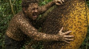 Охота за медом пошла не так. Забрался на дерево и разворошил всех пчел