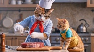 Мама-кошка и котёнок вместе готовят вкусный стейк | Согревающая история о маме и ребёнке