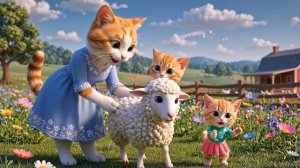 Добрая мама-кошка и котёнок спасают маленького ягнёнка