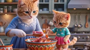 Мама-кошка и котёнок идут за продуктами и готовят дома рёбрышки на углях