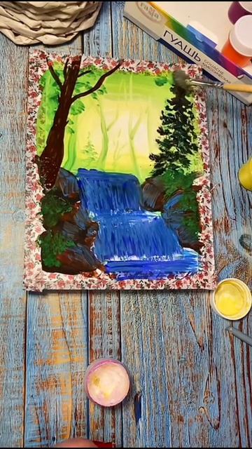 Как нарисовать красивый водопад гуашью