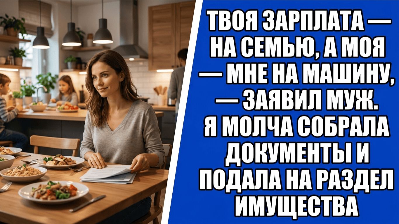 Твоя зарплата — на семью, а моя — мне на машину, — заявил муж. Я молча собрала документы и..
