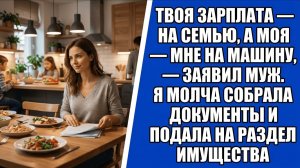 Твоя зарплата — на семью, а моя — мне на машину, — заявил муж. Я молча собрала документы и..