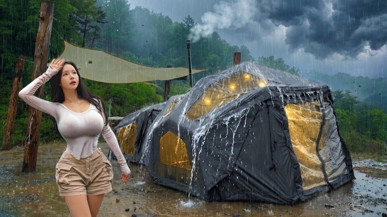 ☔️Кемпинг под проливным дождем в двухкомнатной надувной палатке | ASMR-видео с проливным дождем.