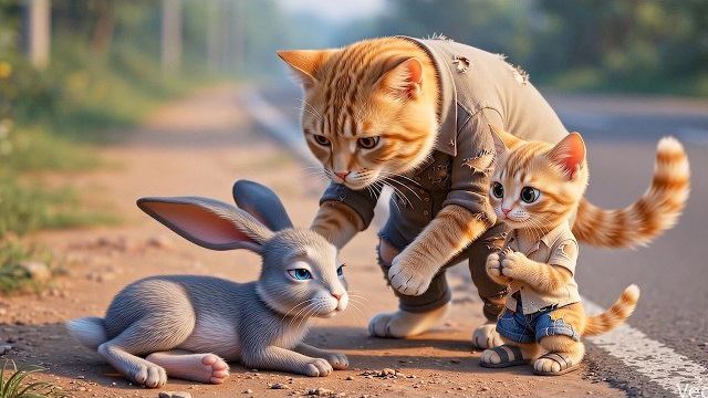 Мама-кошка и милый котёнок спасают бедного зайчика, который нуждается в помощи Согревающая  история