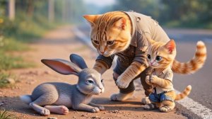 Мама-кошка и милый котёнок спасают бедного зайчика, который нуждается в помощи Согревающая  история