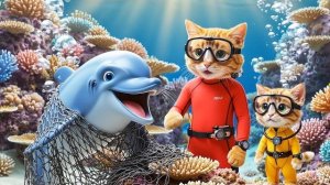 Мама-кошка и котёнок исследуют глубины океана и спасают дельфина, запутавшегося в сети